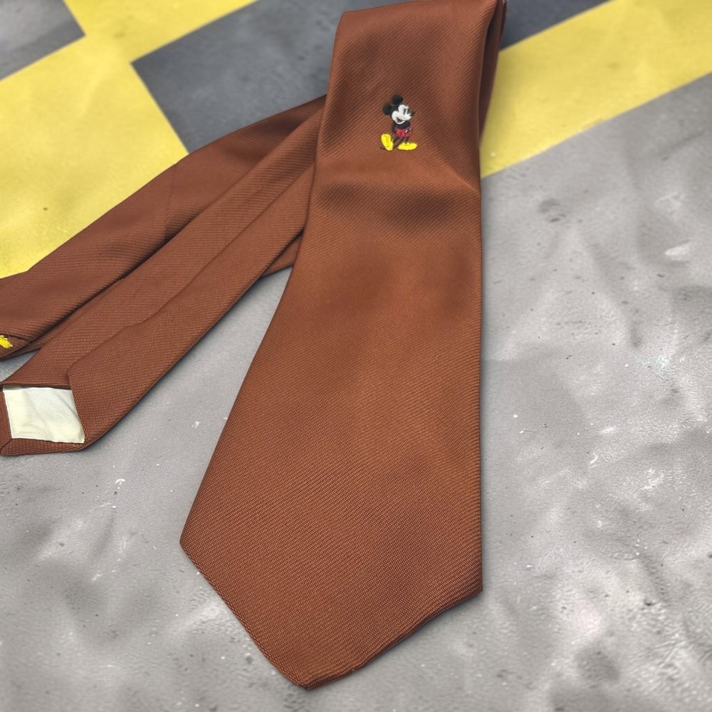 Vintage Necktie Disney Rust Brown Mickey Mouse Embroidered Tie Minimalist